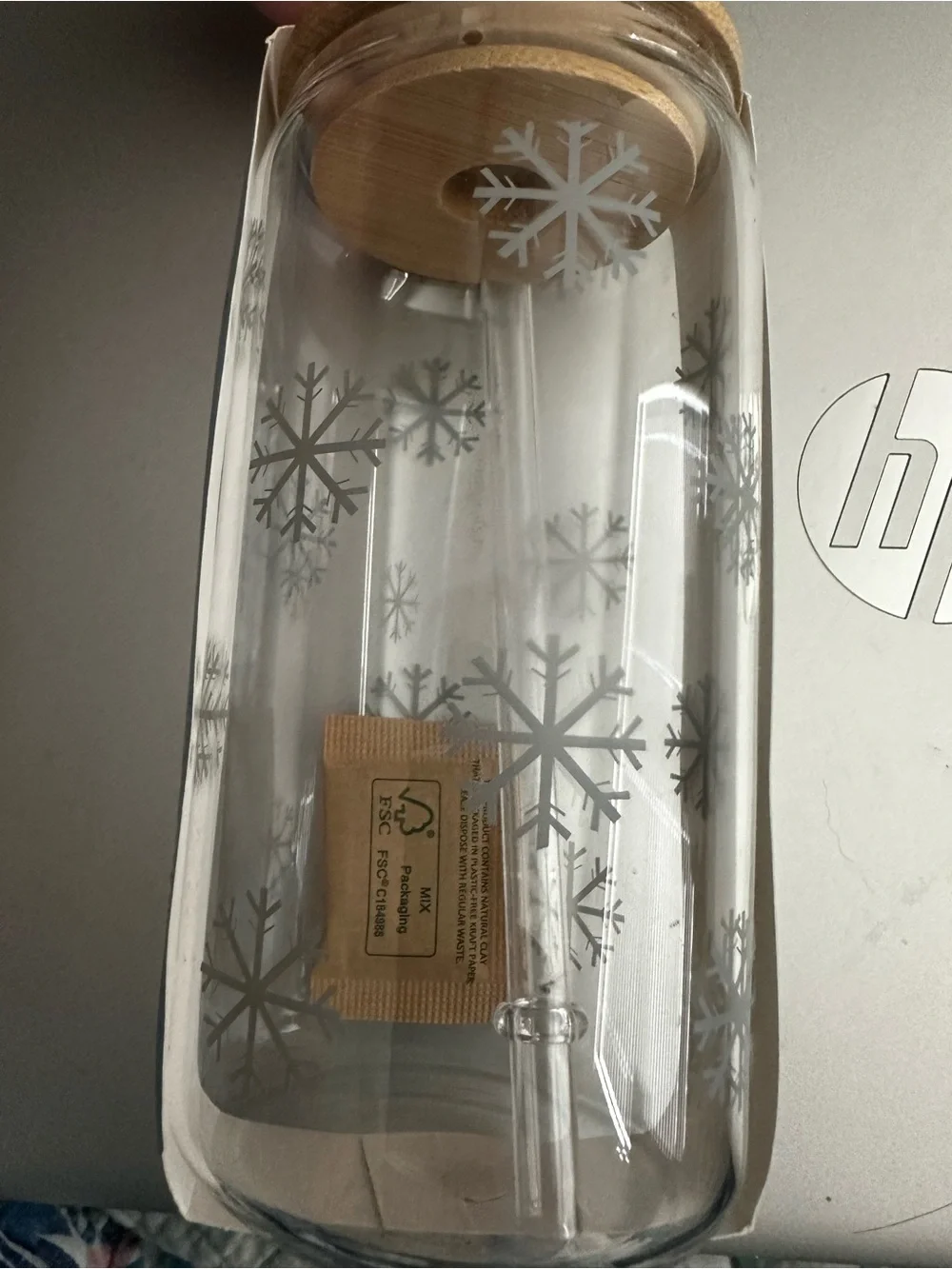 New Glass Canister with Snowflake Etching and Wood Lid
